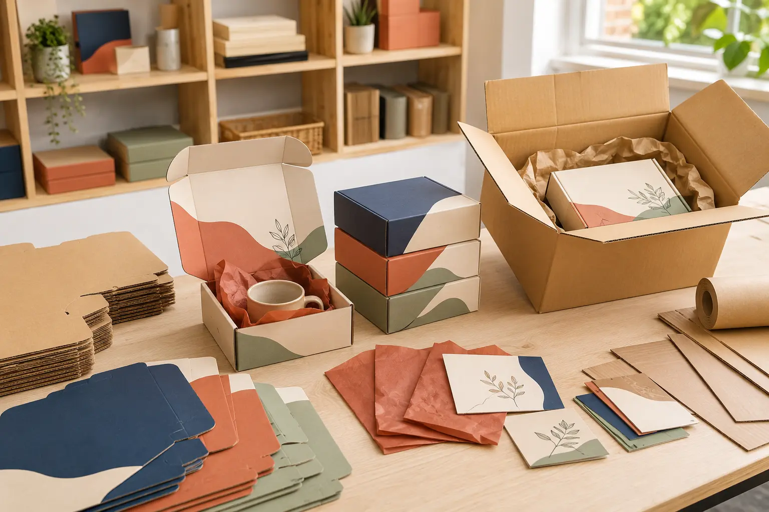 Complete custom packaging system with mailer boxes, tissue, cards and shipping carton