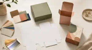 Custom packaging box design process with dieline, paper samples and finished boxes