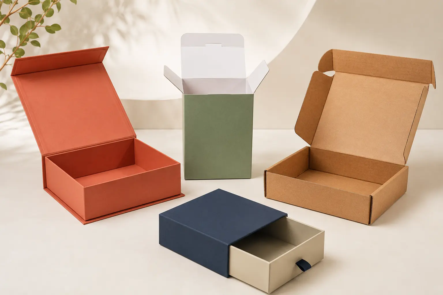 Rigid box, folding carton, corrugated mailer and drawer box style options