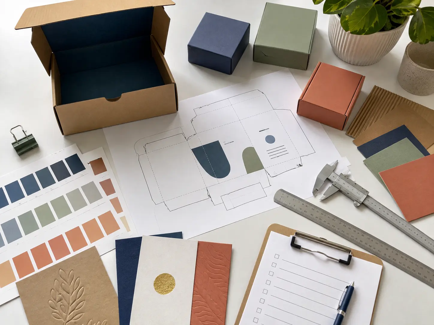 Custom packaging sample review with dieline, color swatches and measuring tools