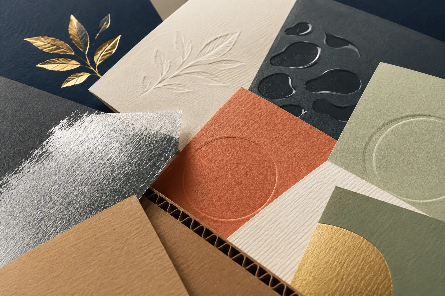 Packaging paper materials with foil, embossing, debossing and spot gloss finishes